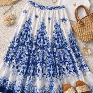 Blue & White Baroque Print Maxi Skirt Size Large